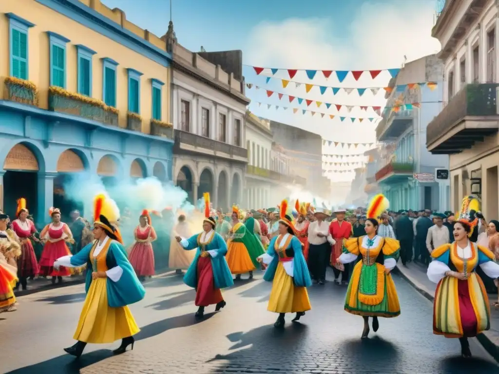 Carnaval uruguayo: pintura detallada de la fiesta colorida Un vibrante Carnaval Uruguayo: coloridos trajes, música alegre y desfiles ornamentados en una bulliciosa vida urbana