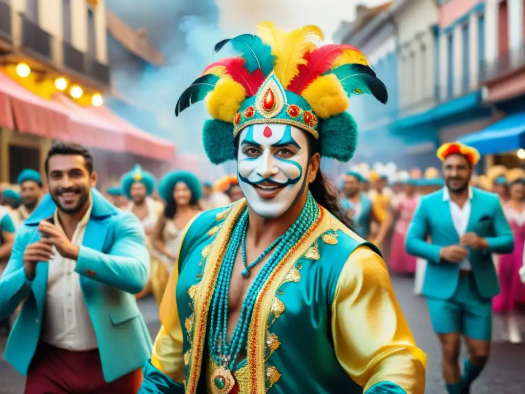 Carnaval Uruguayo: Colorida celebración en la calle Ilustración acuarela vibrante del Carnaval Uruguayo: coloridos trajes, bailarines y carrozas en una calle bulliciosa