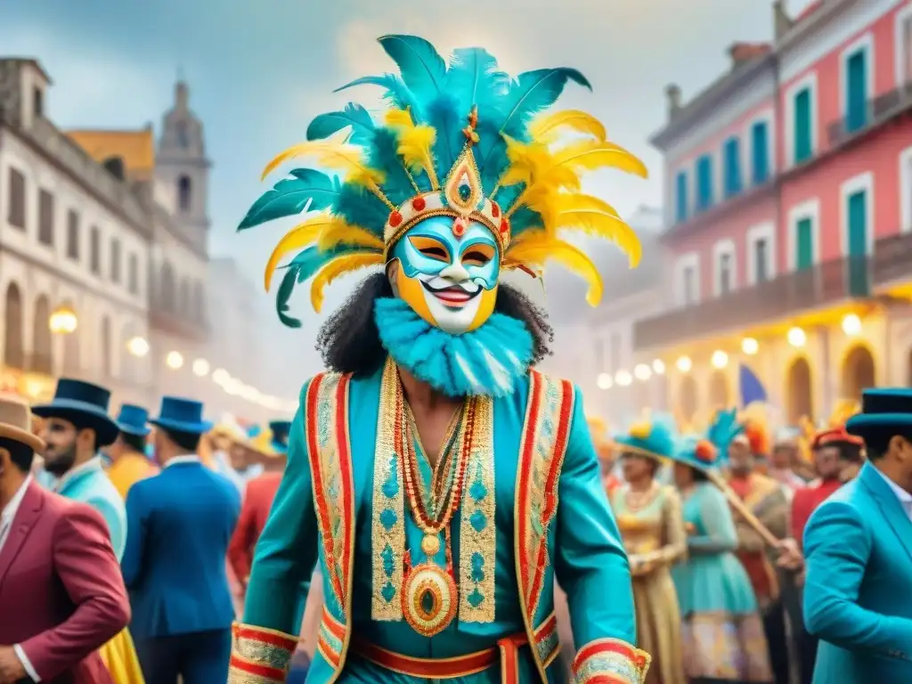 Vibrante Carnaval en Uruguay: Detalle acuarela Vibrante Carnaval Uruguayo con coloridos trajes, máscaras e instrumentos tradicionales, en un desfile festivo