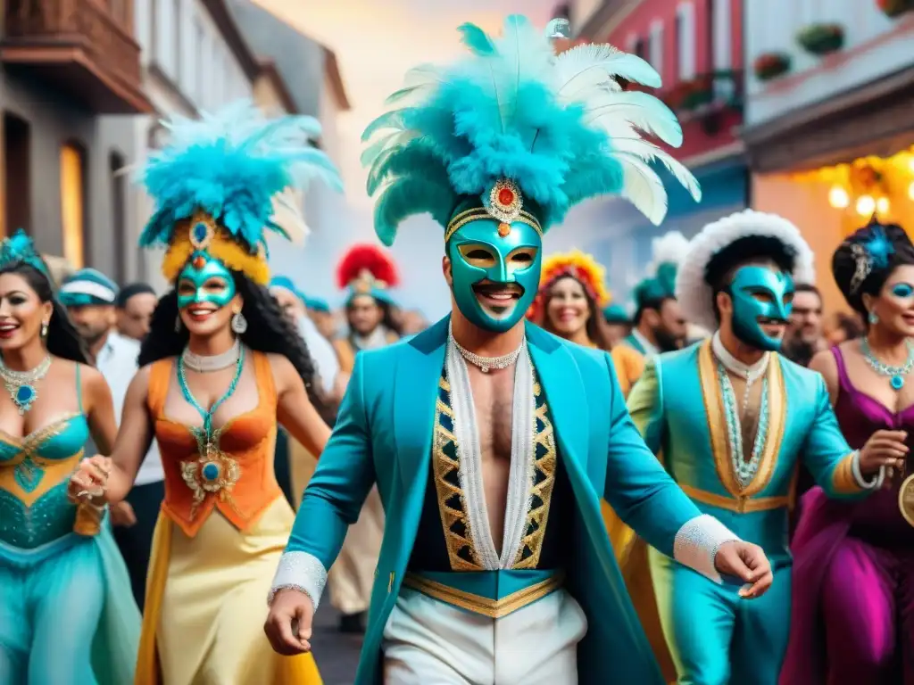 Carnaval Uruguayo: Colorida fiesta callejera llena de alegría y tradición Una ilustración acuarela vibrante del Carnaval Uruguayo con coloridos trajes, máscaras tradicionales, música alegre y baile