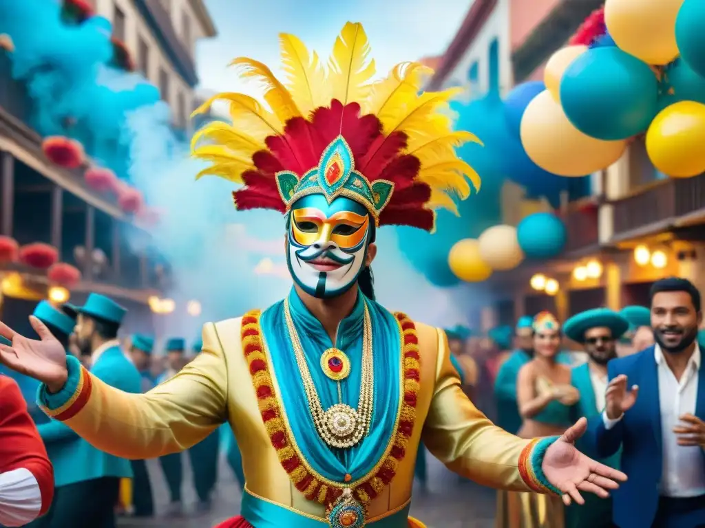 Vibrante Carnaval Uruguayo: baile, color y emoción Un vibrante Carnaval Uruguayo con coloridos disfraces, música alegre y espectadores entusiastas