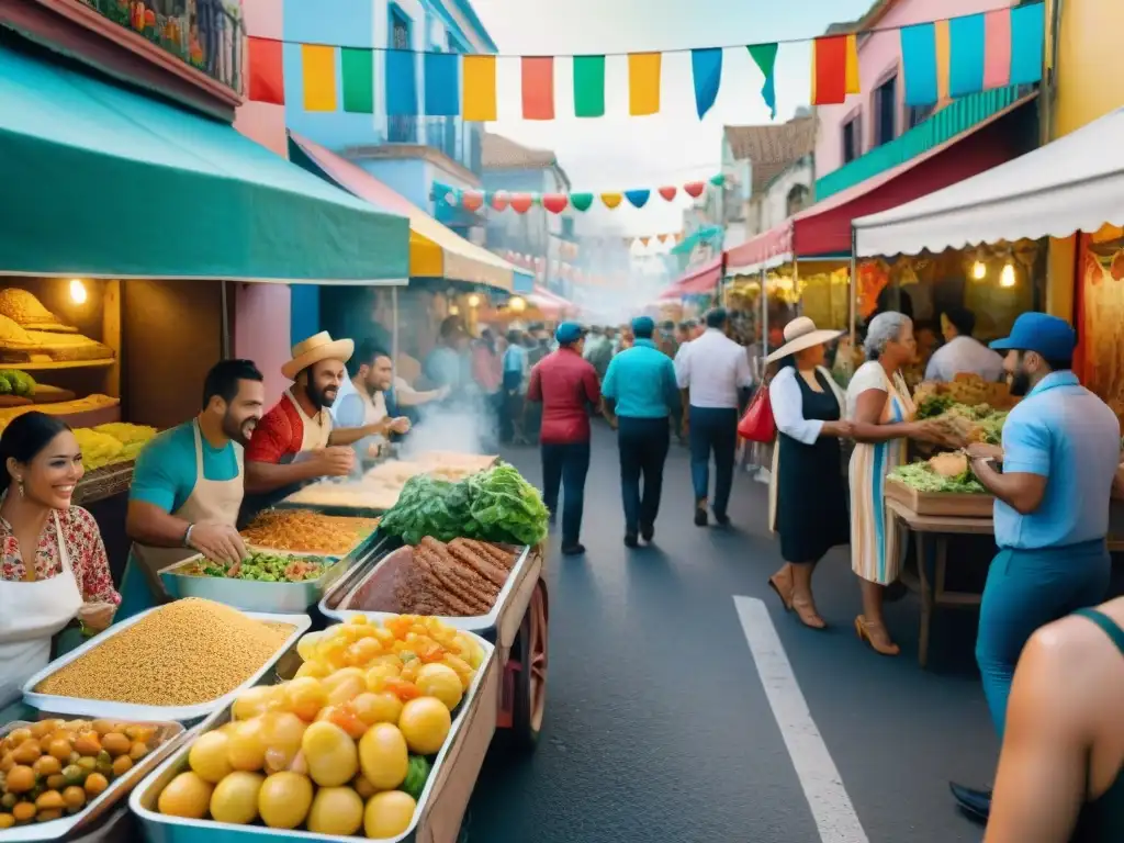 Escena vibrante de Carnaval uruguayo: comida rápida y saludable Un vibrante Carnaval uruguayo con comidas rápidas saludables en coloridos puestos callejeros