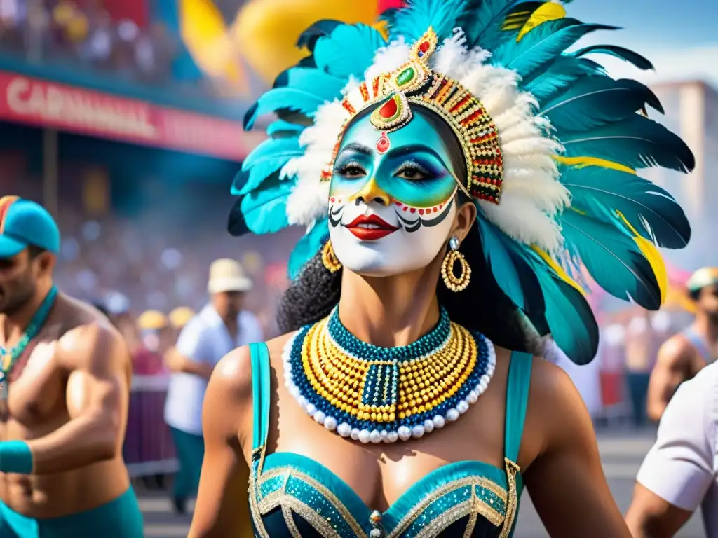 Cuadro acuarela vibrante del Carnaval Uruguayo Celebración vibrante en el Carnaval Uruguayo, con conexiones duraderas entre bailarines, trajes coloridos y música tradicional