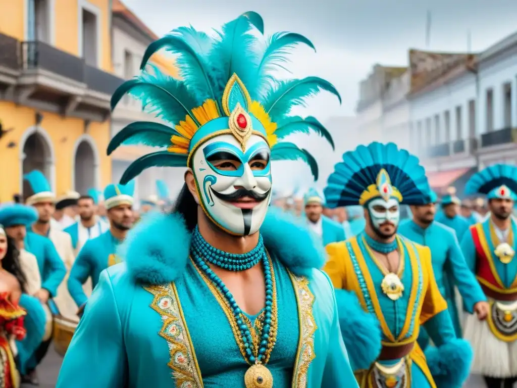 Pintura acuarela del vibrante Carnaval en Uruguay Vibrante Carnaval Uruguayo: colores, baile, música y cultura en detallada acuarela