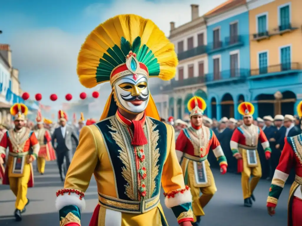 Deslumbrante carnaval uruguayo: baile, color y tradición Vibrante carnaval uruguayo tradición cultural con bailarines y coloridas carrozas en las calles históricas