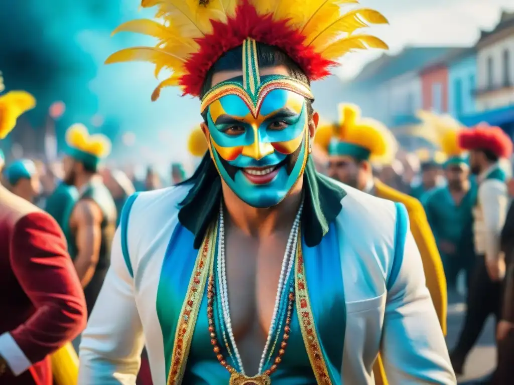 Esplendor del Carnaval Uruguayo: Detalles en Acuarela Un vibrante Carnaval Uruguayo: danzas adornadas, música alegre y una multitud energética