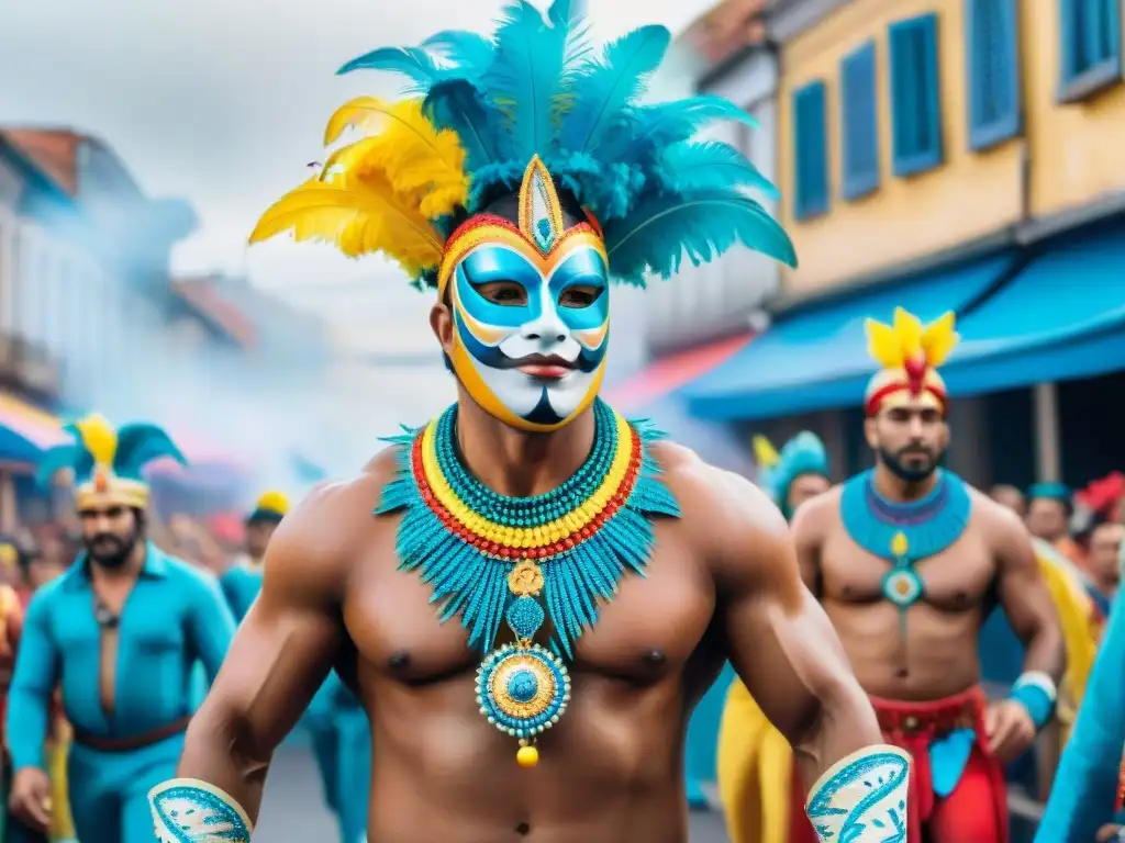 Pintura acuarela del vibrante Carnaval en Uruguay Vibrante Carnaval Uruguayo: floats, danzas, espectadores alegres, expresión artística y conexión comunitaria