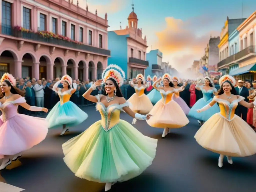 Vibrante Carnaval Uruguayo con danzas, carrozas y espectadores, seguro de viaje Carnaval Uruguayo