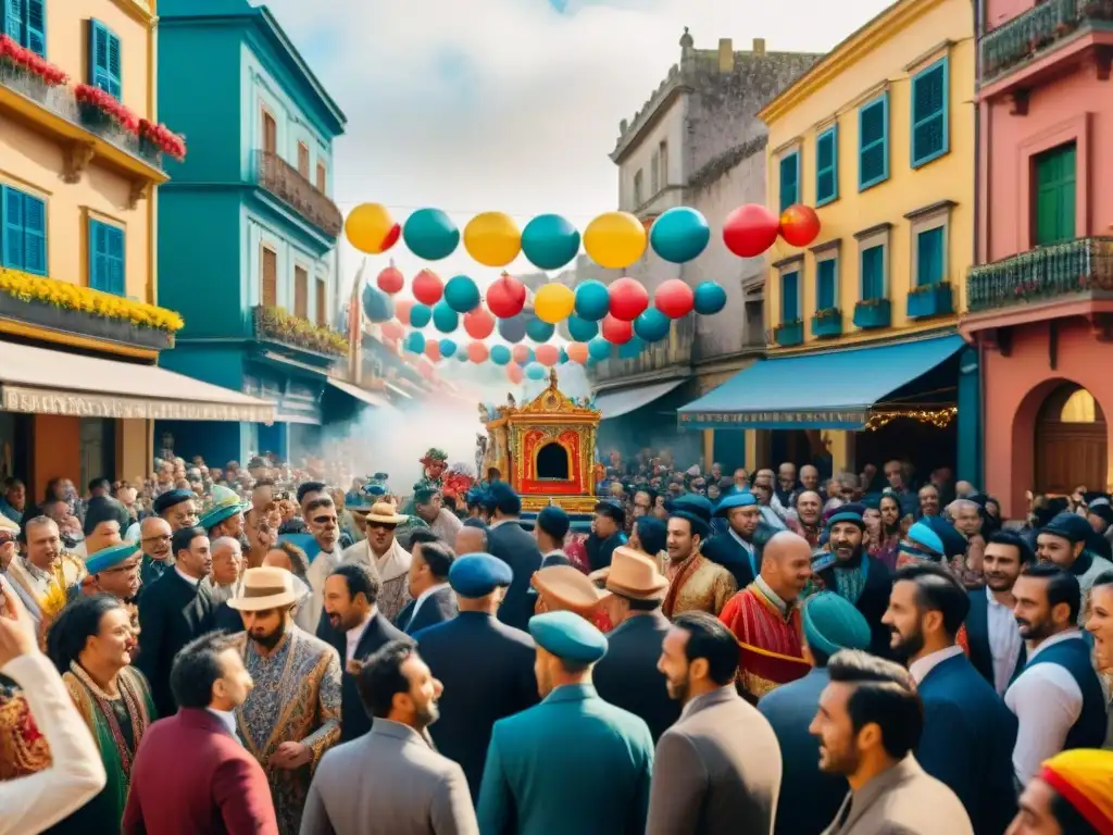 Desfile vibrante en el Carnaval de Uruguay Vibrante Carnaval uruguayo con desfile de coloridos carros alegóricos y personas bailando, capturando la esencia del Carnaval