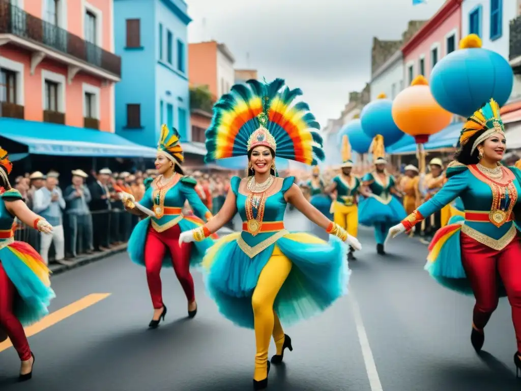 Pintura acuarela del Carnaval en Uruguay: colores vibrantes y alegría Vibrante Carnaval Uruguayo en LinkedIn: desfile colorido con danzas, música y espectadores animados en calles bulliciosas