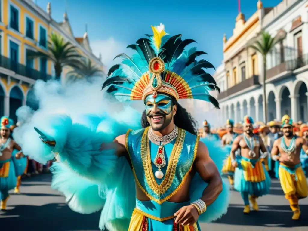 Vibrante Carnaval Uruguayo: Detalles y Alegría 'Celebración vibrante del Carnaval Uruguayo: desfile colorido y energético, trajes elaborados, música tradicional y espectadores emocionados