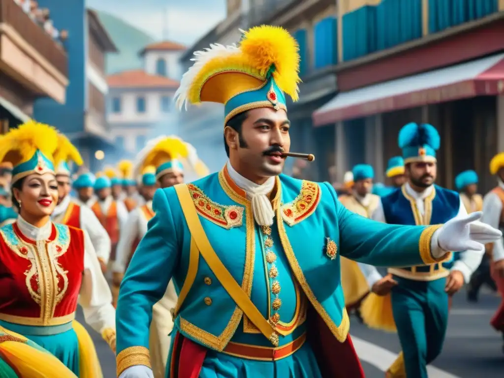Vibrante desfile de Carnaval en Uruguay: una obra maestra acuarela Vibrante Carnaval Uruguayo: desfile colorido y festivo con artistas en trajes llamativos y música tradicional