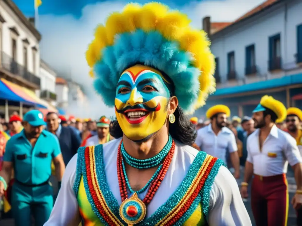 Desfile vibrante: Carnaval Uruguayo Vibrante ilustración acuarela del Carnaval Uruguayo con desfile, carrozas coloridas y espectadores alegres