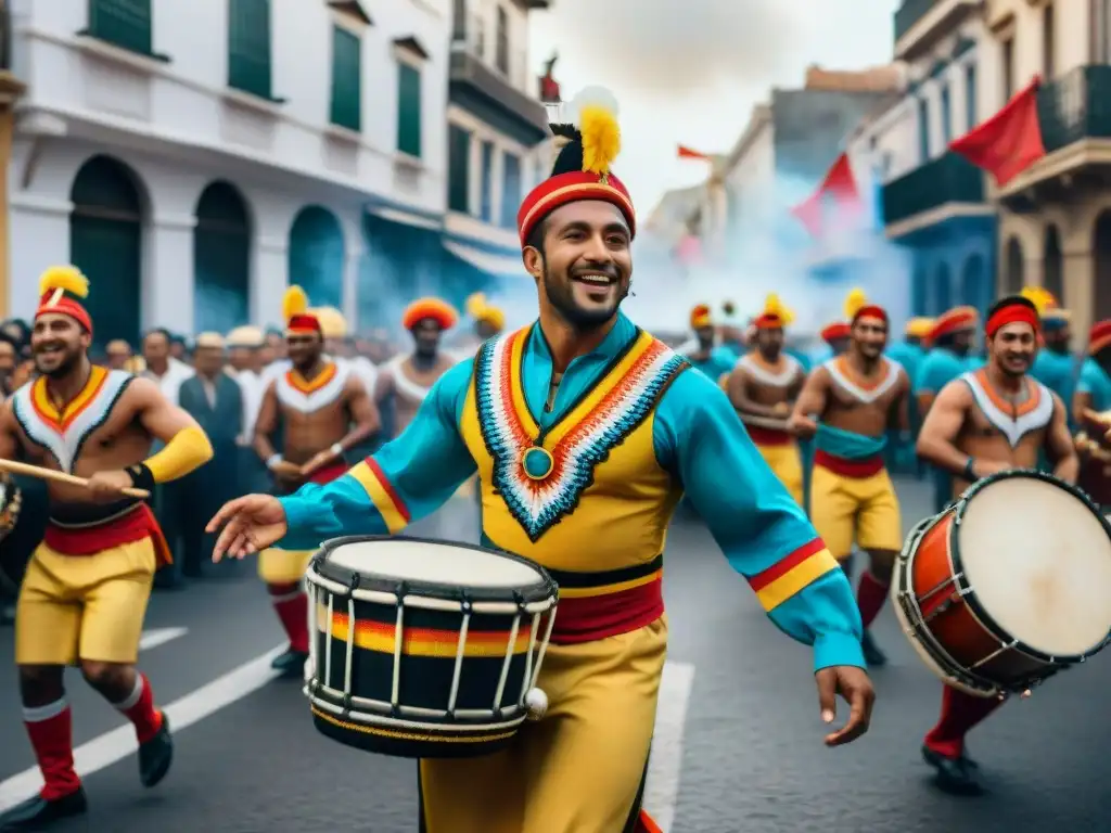 Deslumbrante Candombe en el Carnaval Uruguayo Vibrante Carnaval uruguayo: desfile de Candombe con tambores, baile y coloridas vestimentas en las calles