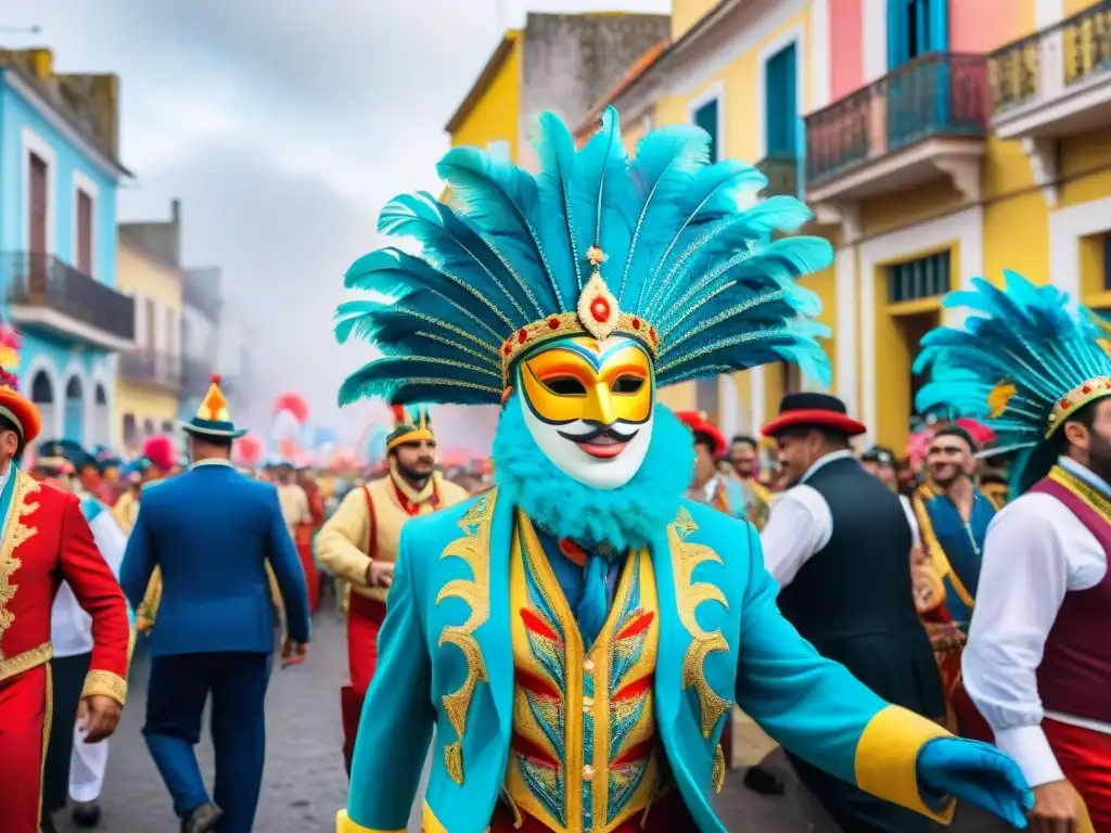 Desfile de Carnaval en Uruguay: color y alegría en las calles Vibrante Carnaval Uruguayo con desfile callejero en pequeño pueblo del interior del país, lleno de coloridas tradiciones y máscaras