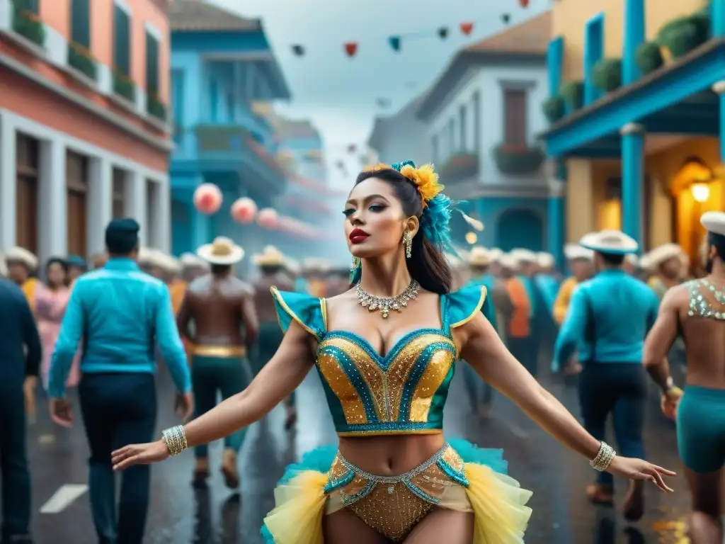 Vibrante Carnaval Uruguayo: desfile colorido con impacto económico en una calle bulliciosa