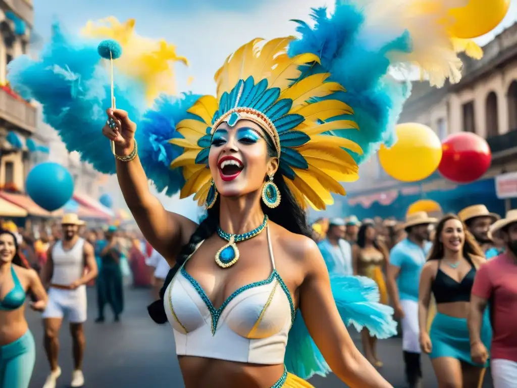 Carnaval uruguayo: colorido y alegría Vibrante ilustración acuarela del Carnaval Uruguayo, con desfile de carros alegóricos y músicos