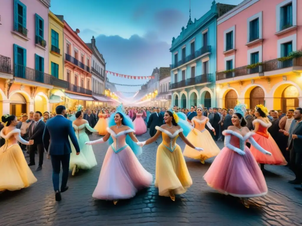 Colorida fiesta de carnaval en Uruguay: pintura acuarela vibrante Vibrante carnaval uruguayo: desfile de coloridos trajes y música en calles empedradas