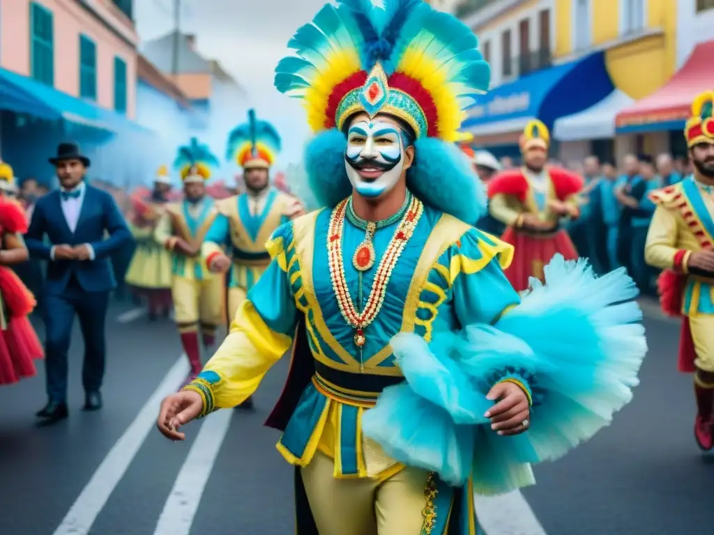 Vibrante Carnaval en Uruguay: pintura acuarela detallada Vibrante Carnaval Uruguayo: Desfile colorido y festivo con riqueza cultural y alegría