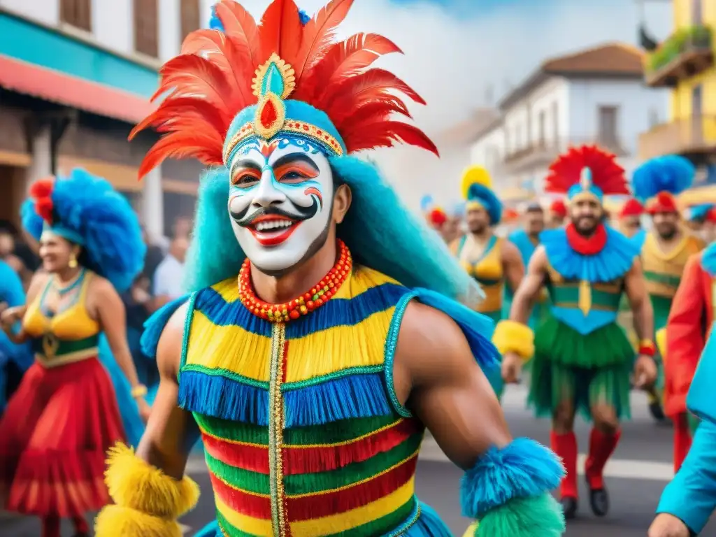 Deslumbrante desfile de Carnaval Uruguayo: colorido y alegre Vibrante ilustración acuarela del Carnaval Uruguayo, con desfiles coloridos y energía festiva