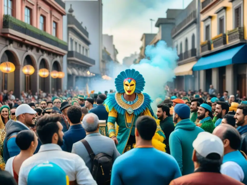 Deslumbrante Carnaval Uruguayo en Montevideo Una vibrante ilustración acuarela del Carnaval Uruguayo en Montevideo, con desfiles coloridos y multitudes animadas