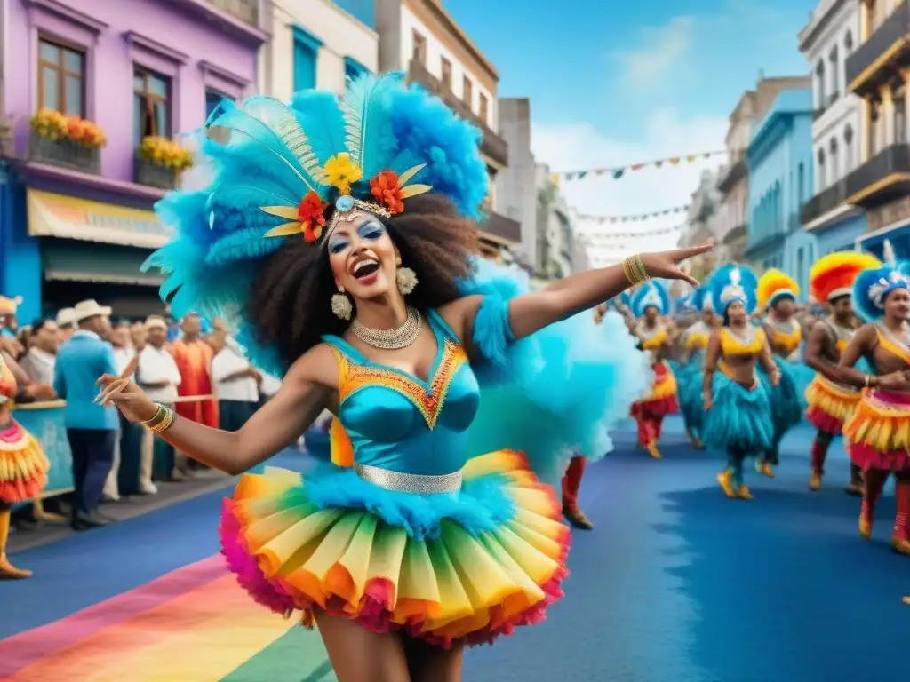 Carnaval Uruguayo: calle vibrante en Montevideo Vibrante ilustración acuarela del Carnaval Uruguayo en Montevideo con desfiles, danzas y alegría