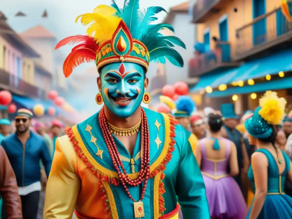 Carnaval Uruguayo: Calle vibrante y colorida Una ilustración acuarela vibrante del Carnaval Uruguayo, con desfiles coloridos y animado ambiente festivo, destacando su impacto económico