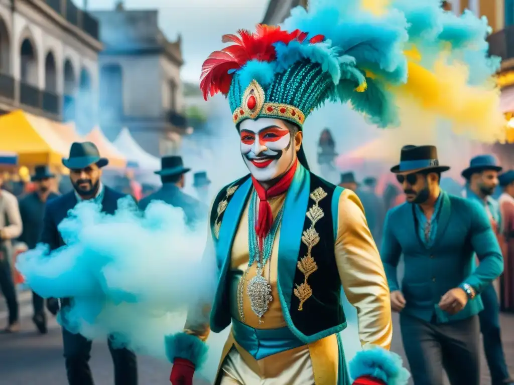 Vibrante Carnaval Uruguayo: Celebración llena de color y alegría Vibrante ilustración acuarela del Carnaval Uruguayo con deslumbrantes trajes y música alegre, reflejando las Estrategias marketing Carnaval Uruguayo