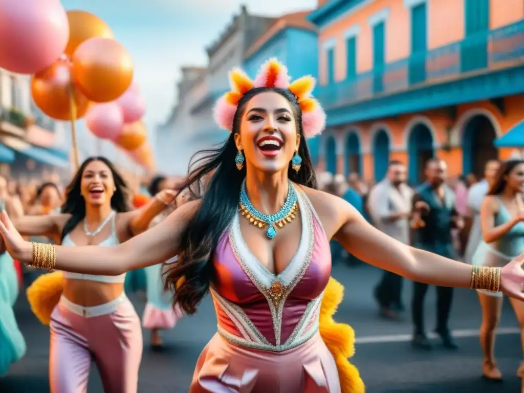 ¡Carnaval en Uruguay: desfile colorido y alegre! Un vibrante carnaval uruguayo con deslumbrantes coloridos, desfiles y espectadores felices en las calles