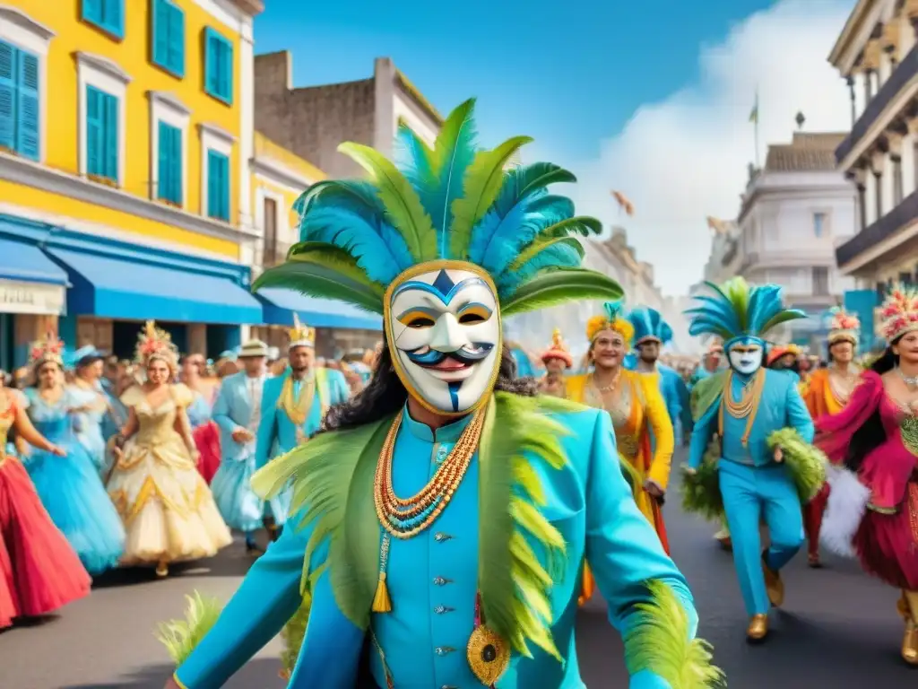 Carnaval en Montevideo: Detalles en acuarela Vibrante Carnaval Uruguayo: detallada ilustración acuarela de desfile festivo en Montevideo, con coloridos trajes y música alegre