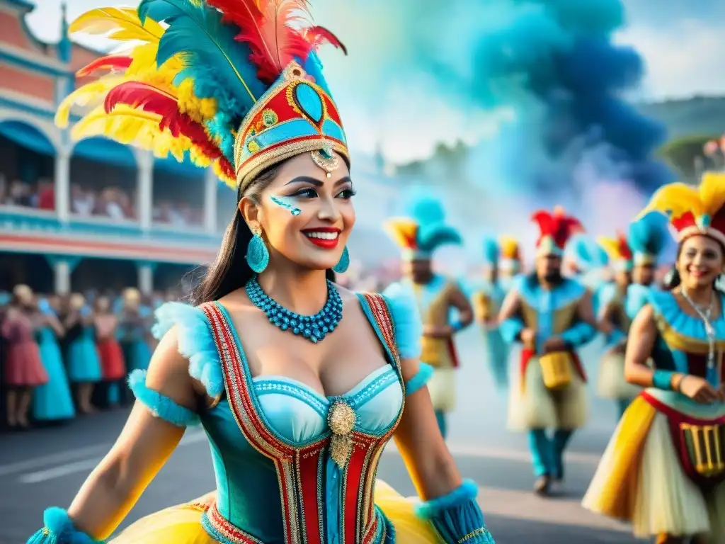 Carnaval uruguayo: pintura acuarela vibrante y colorida Celebración vibrante del Carnaval Uruguayo, con detalles coloridos y alegres