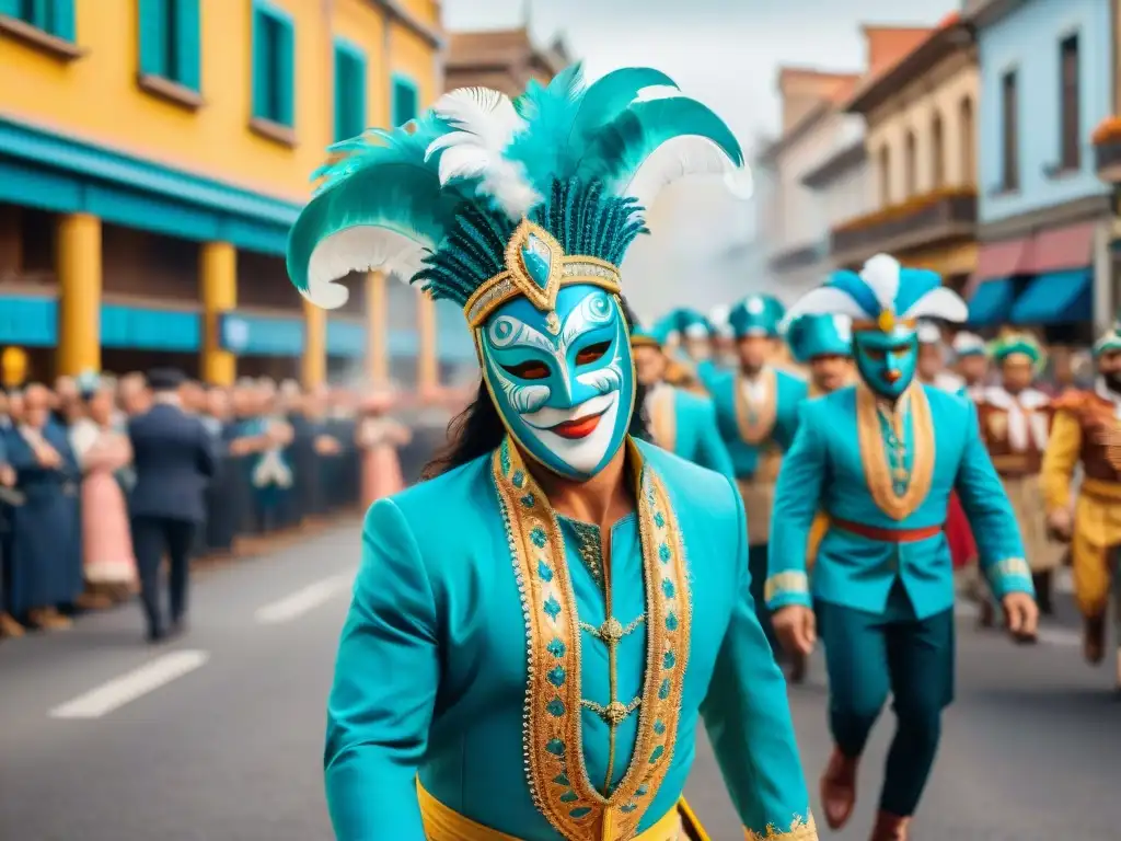 Deslumbrante desfile de Carnaval Uruguayo Una vibrante ilustración acuarela del Carnaval Uruguayo con detalles de disfraces tradicionales, máscaras coloridas y bailarines alegres