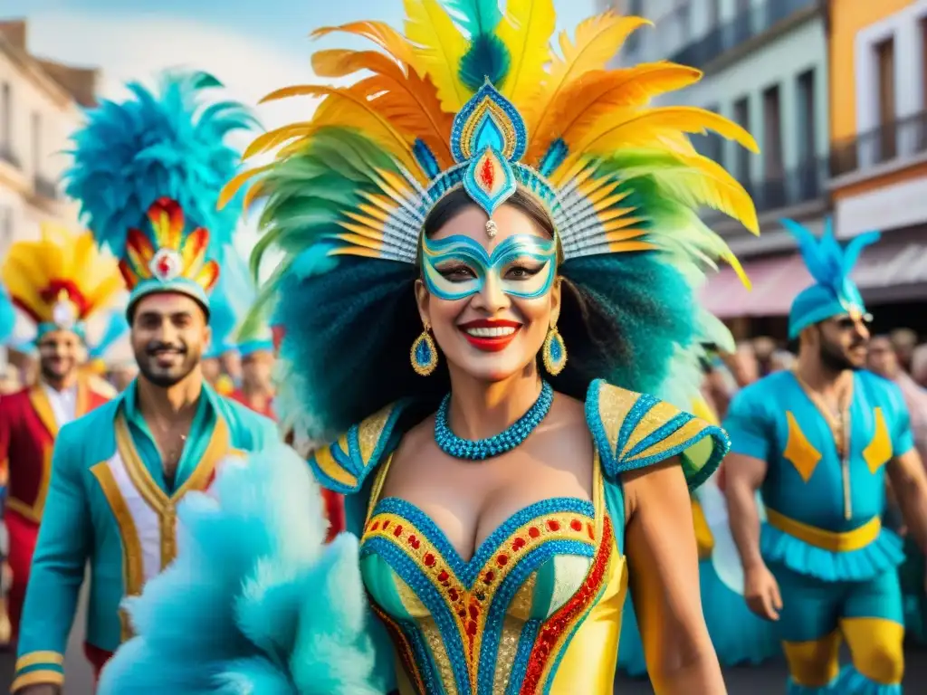 Vibrante Carnaval Uruguayo 2023: Detalles en Acuarela Vibrante Carnaval Uruguayo 2023: Detalles de desfile con coloridos trajes, bailarines energéticos y carrozas festivas en pintura acuarela detallada