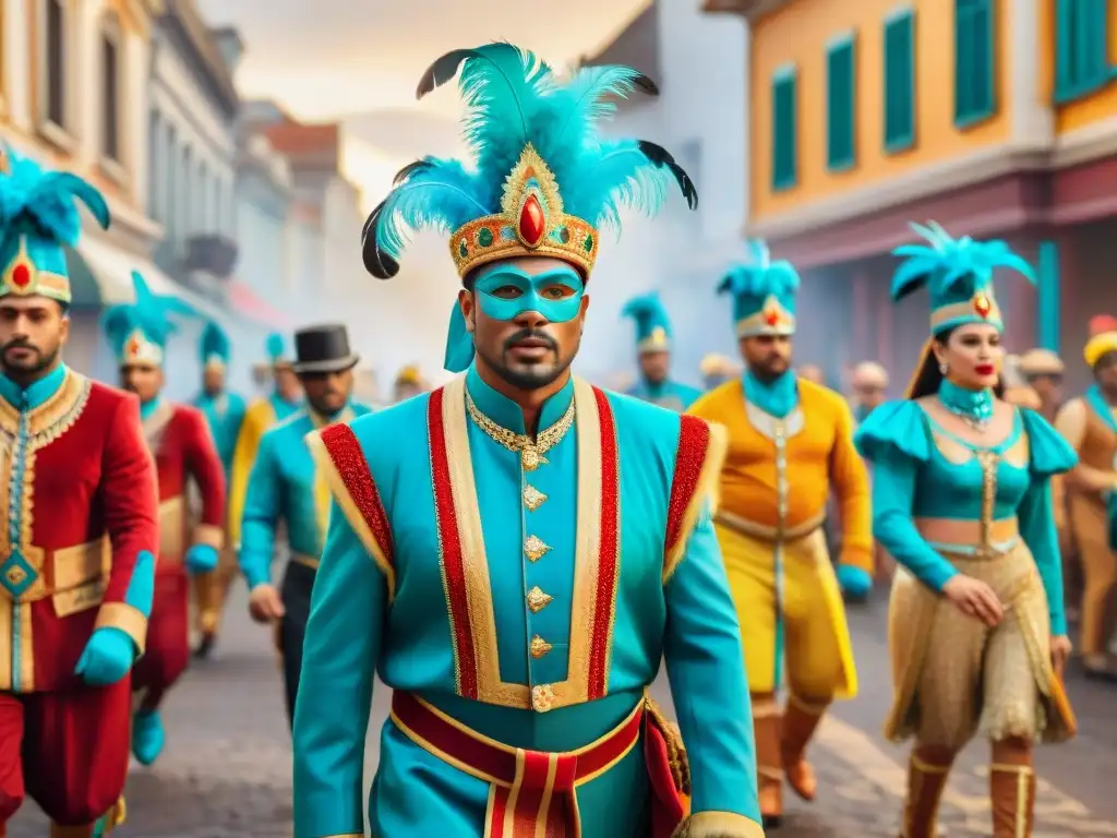 Pintura acuarela detallada: Desfile vibrante de Carnaval uruguayo con trajes tradicionales y modernos Un vibrante Carnaval Uruguayo con diseño innovador en materiales, mezclando tradición y modernidad en trajes y escenario