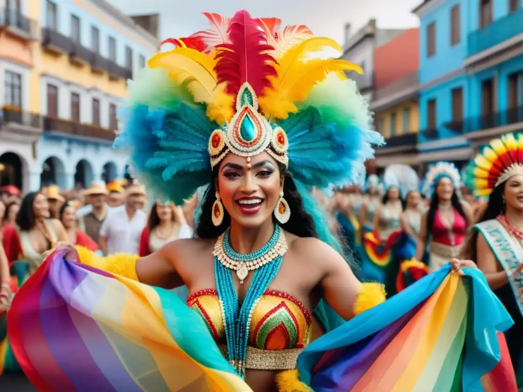 Desfile colorido y alegre de comparsas LGBT+ en Uruguay Vibrante comparsa LGBT+ en el Carnaval Uruguayo, celebrando la diversidad con colores y alegría