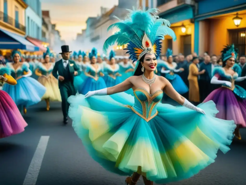 Carnaval en Uruguay: Tradición y modernidad en acuarela Vibrante Carnaval uruguayo con elementos digitales, fusionando tradición y modernidad