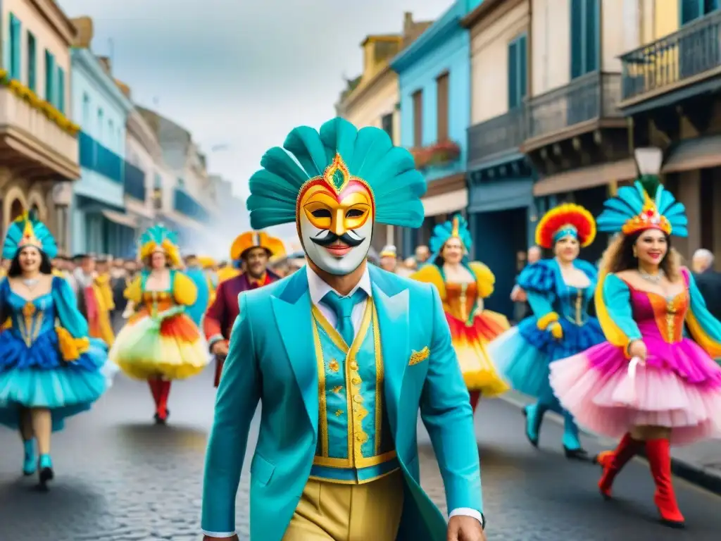 Carnaval uruguayo: colorido y alegría en las calles Un vibrante Carnaval Uruguayo: Emprendedores en la fiesta, coloridos trajes y música alegre entre edificaciones históricas