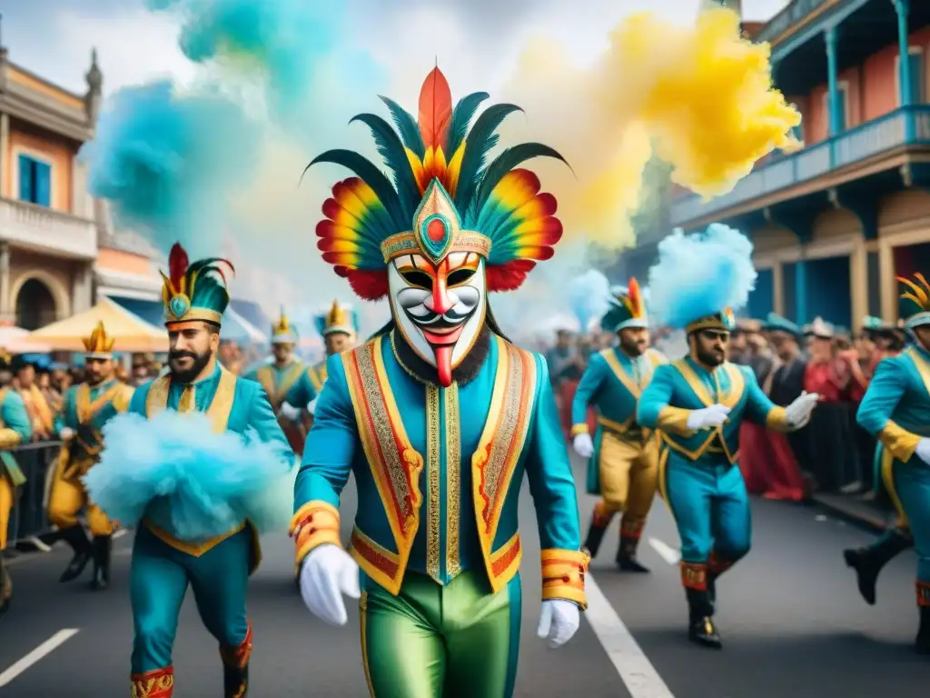 Desfile vibrante del Carnaval Uruguayo en acuarela Un vibrante Carnaval Uruguayo con esculturas y movimiento tridimensionalidad capturados en una acuarela única y emocionante