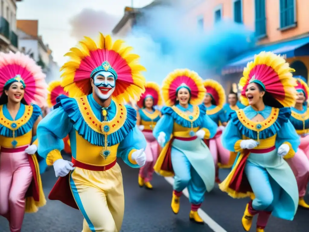 Desfile vibrante de carnaval en Uruguay Vibrante ilustración acuarela del Carnaval Uruguayo: alegría en cada esquina, colores festivos y energía contagiosa