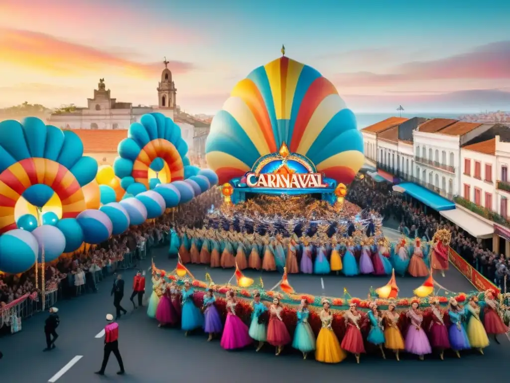 Desfile de Carnaval Futurista en Uruguay - Acuarela Vibrante Un vibrante Carnaval uruguayo con floats digitales en una ciudad futurista al atardecer