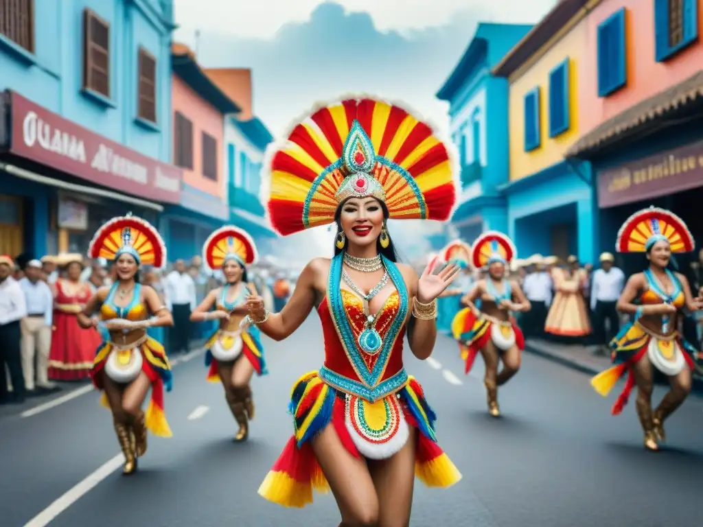 Carnaval Uruguayo: Escena vibrante de calles y festejos Vibrante Carnaval Uruguayo: impacto económico y participación en escena callejera bulliciosa y colorida