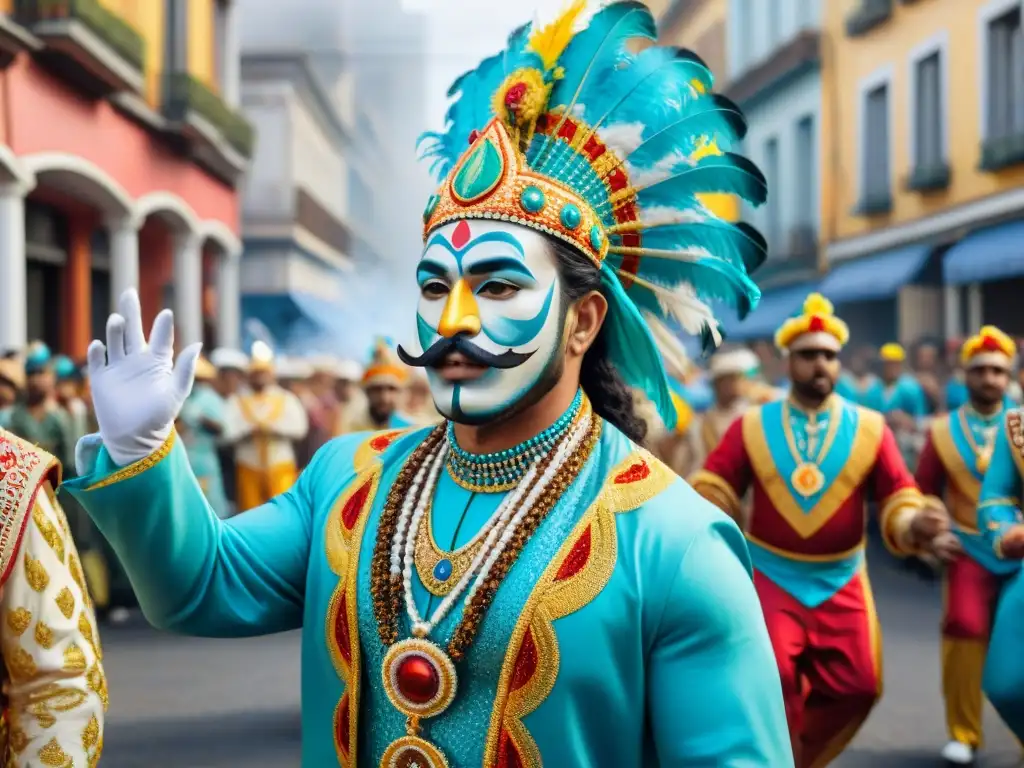 Colorido Carnaval en las calles de Uruguay: vibrante pintura acuarela Vibrante Carnaval Uruguayo impacto turismo local en calles bulliciosas, desfile de trajes y música tradicional