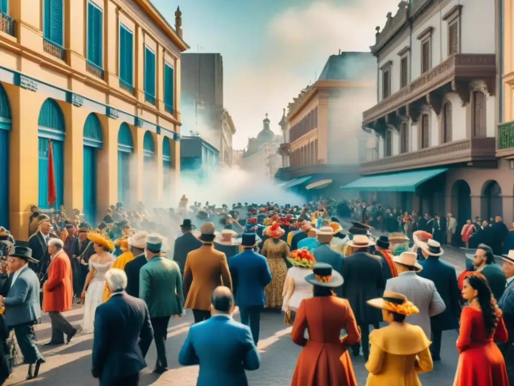 Carnaval Uruguayo: Pintura acuarela de una animada calle en Montevideo Un vibrante Carnaval Uruguayo muestra su impacto económico en una calle de Montevideo: música, coloridos trajes y diversidad de personas celebrando