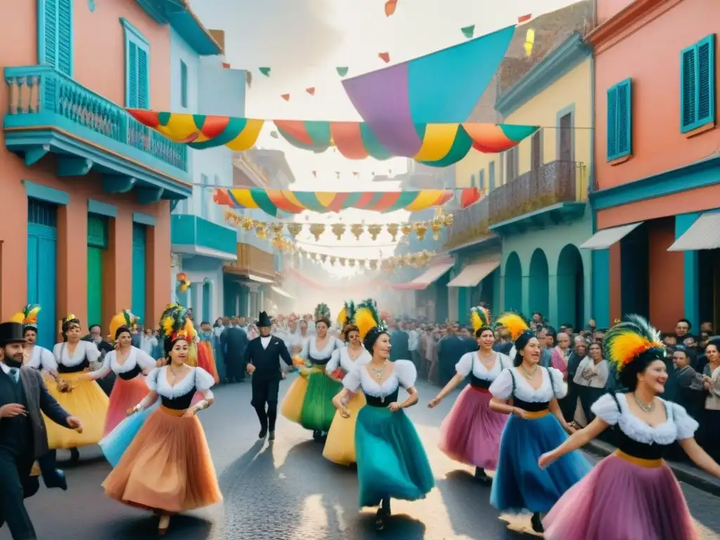 Pintura acuarela: Carnaval en Uruguay 1900s Vibrante Carnaval uruguayo de inicios de 1900 con coloridos trajes y arquitectura histórica de Montevideo