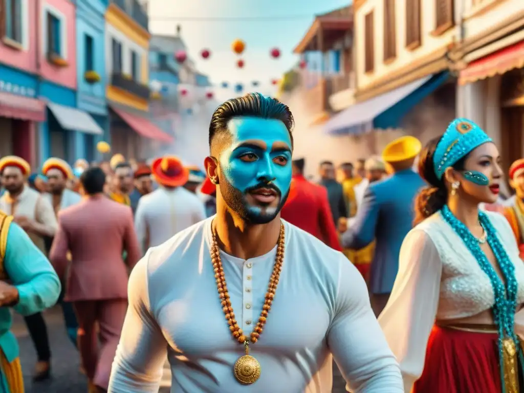 Colorida celebración de carnaval en Uruguay: murga tradicional Un vibrante carnaval uruguayo con jerga de murgas y coloridos artistas cantando y bailando