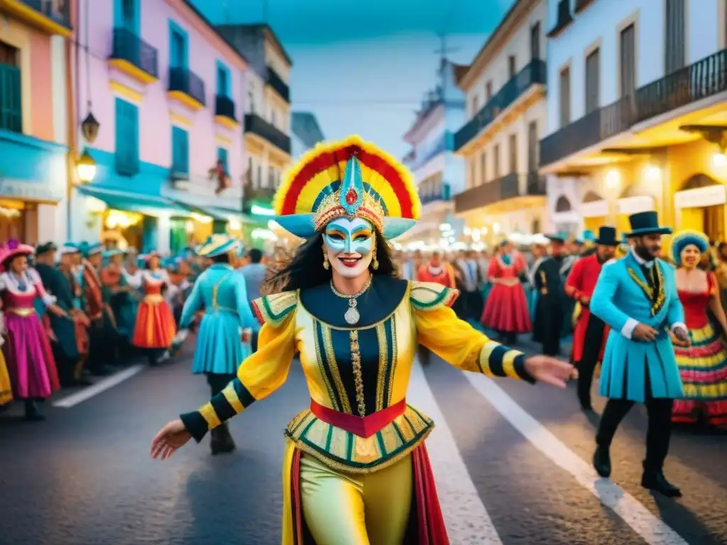 Carnaval en Uruguay: Vibrante celebración en la calle Un vibrante Carnaval Uruguayo mapa turístico con coloridos trajes, música alegre y bailarines energéticos en las calles históricas