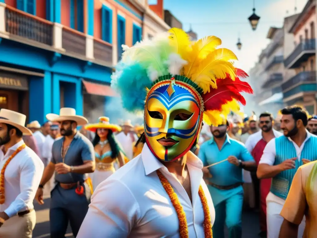 El Carnaval Uruguayo: coloridas máscaras, danzas y alegría Ilustración acuarela vibrante del Carnaval Uruguayo, con máscaras tradicionales coloridas, bailarines y música en las calles de Montevideo