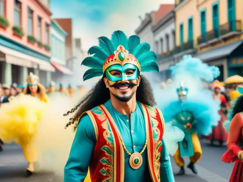Vibrante Carnaval Uruguayo: Máscaras, colores y danza Vibrante ilustración acuarela del Carnaval Uruguayo, con máscaras, trajes coloridos y bailarines energéticos desfilando por las calles
