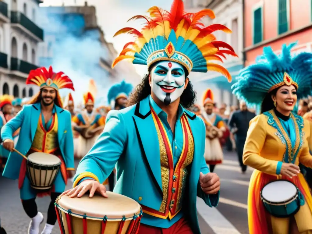 Desfile de Carnaval Uruguayo: Tradición y Modernidad Una representación acuarela vibrante del carnaval uruguayo fusionando tradición y modernidad en la era digital