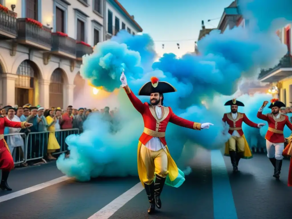 Colorido desfile de murgas en el Carnaval Uruguayo Vibrante ilustración acuarela del Carnaval Uruguayo, murgas en trajes tradicionales bailando entre multitud en desfile callejero